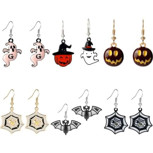 Cool Punk Halloween All Saints' Day Pumpkin Spider Bat Ghost Earrings Eardrop Dangler For Women Girls Cosplay Gift