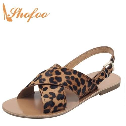 Leopard Ankle Strap Flat Heels Sandals Woman Buckle Strap Soft Leather Comfortable For Ladies Summer Footwear Causal Concise