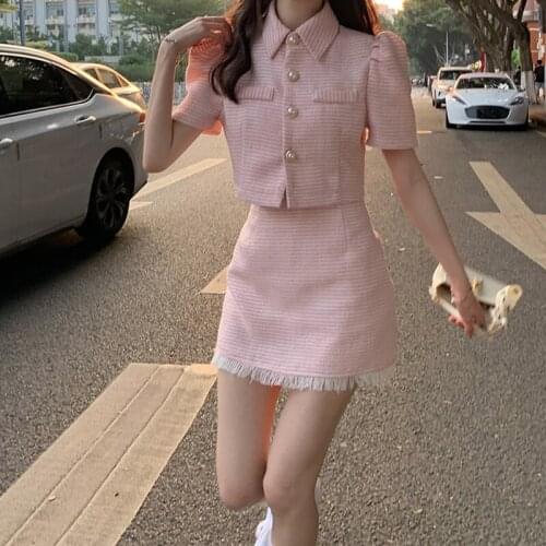 Summer Two-Piece Sets Korean Girl Pink Short-Sleeved Jacket + Thin Short Skirt Suits Women
