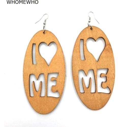 WHOMEWHO Natural Wood Africa Laser Cut I Love Me Heart Geometric Earring Vintage Party African Afro Jewelry Wooden DIY Club Gift