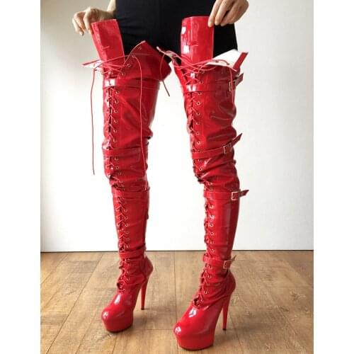 Chunky Heels 15cm Heels Boots For Women Platform Lace up Crotch Thigh High Booties Goth Punk Pinup Cosplay Fetish Boot