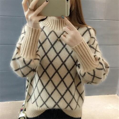 New Women Pullover Sweater Spring Autumn Korean Diamond Lattice Half Turtleneck Knitted Sweaters Female Casual knitwear H1678