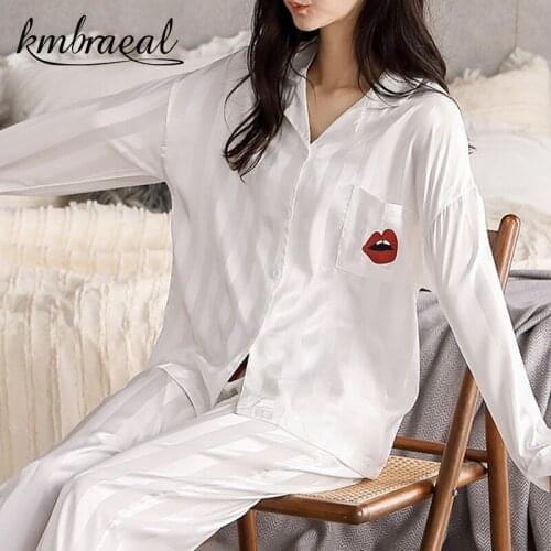 Kmbraeal Autumn Cotton Pajamas Womens Lapel Home Service Suit Stripe Long Sleeve Solid Color Embroidery Red Lips Shirt Homewear