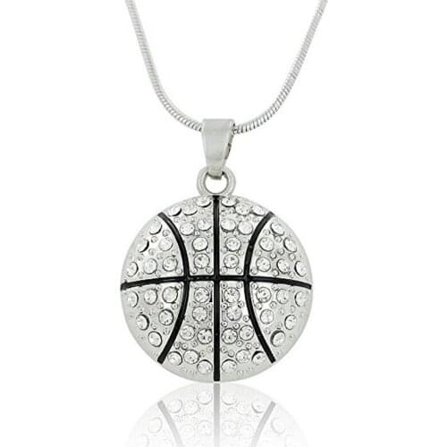 Clear Crystal Enamel Basketball Pendant Necklace Sports Jewelry