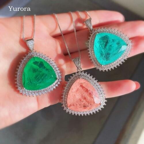 Luxury Geometry Paraiba Tourmaline Pendant Necklace For Women Pink Fusion Natural Stone Cubic zirconia Green Fine Jewelry 2021