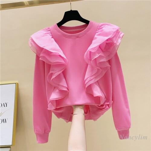 Mesh Ruffled Hoodie Woman Round Neck Pullover Loose Female Top 2021 Spring Autumn New Korean Style Sweatshirt Pink White Black