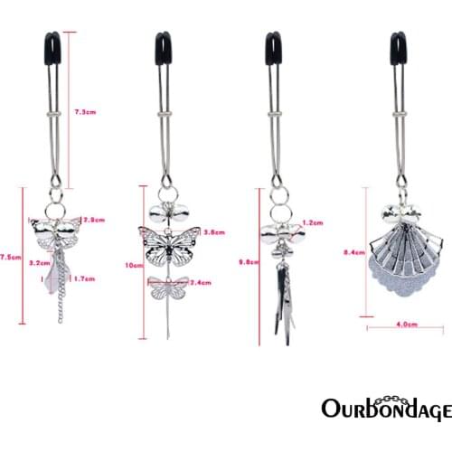 Ourbondage Stainless Steel 4 Type Nipple Clamps Clips With Buttfly Beads and Fan Adult Sex Toys For Women Lesbian