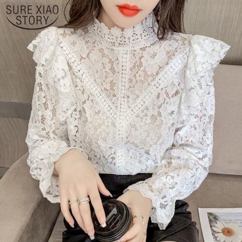 Elegant Womens Blouse 2021 Autumn Long Sleeve Ruffled Lace Blouse Korean Sweet Hollow Out Shirts Stand Collar Loose Tops 16814