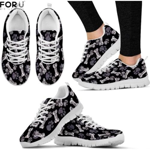 FORUDESIGNS Cute Bone and Paw Print Shoes Women Luxury Brand Autumn Ladies Shoes Breathable Lace Up Casual Flats Shoes Sneakers