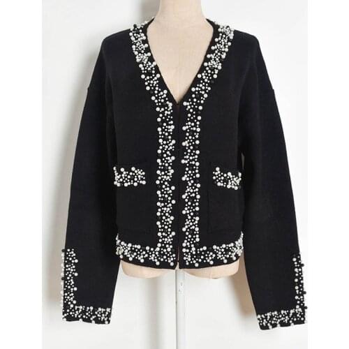 Runway 2020 Autumn Winter Beaded V-Neck Double Pockets Hanging Buckle Knitted Sweater Coat Women Luxury Elegant Black Cardigans