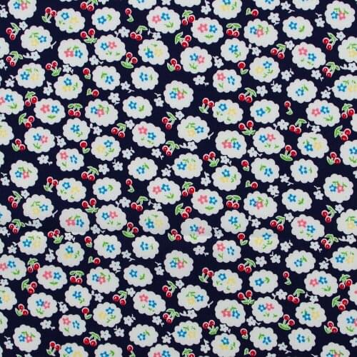 1 yard Cotton Poplin Fabric for sewing pathwork, dress, cloth, bedding - Flowers and cherries on Deep Blue (width=140cm)
