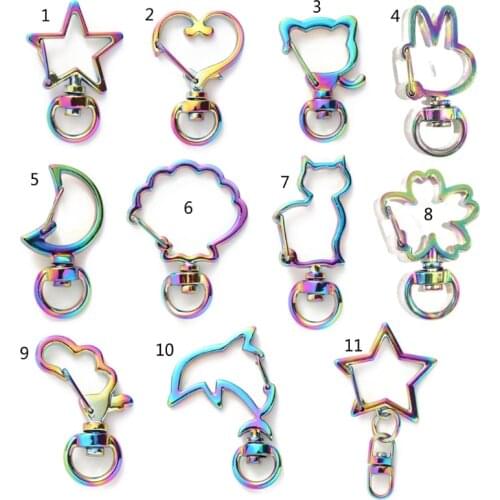10 Pcs Rainbow Metal Snap Hook Lobster Clasp Lanyard with Keyring for Keychain Heart FlowerStar Cat Key Chain DIY Accessories