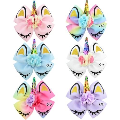 2018 New Coming 12pc/lot Princess Girls Rainbow Unicorn Horn With Clips Children Girls Cosplay Hair Bow Hairpins Headwear