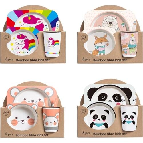Baby Tableware 5pcs Natural Bamboo Tableware Bamboo Bowl Baby Feeding Tableware Children Cute Cartoon New Year Gift Bowl Set