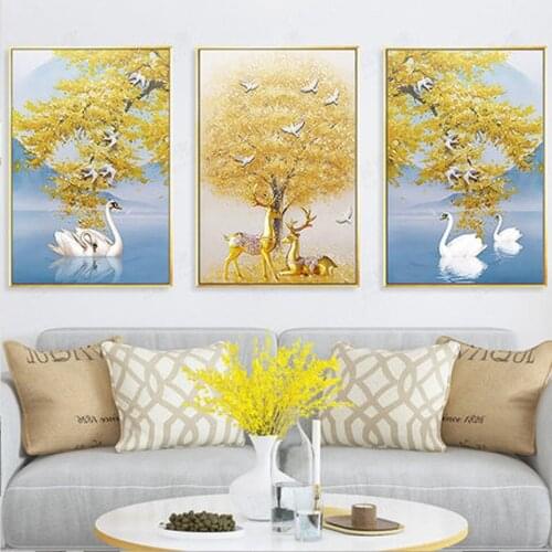 5D Diy Diamond painting cross stitch Diamond Embroidery Golden tree white swan golden deer Full Drill Diamond mosaic art N559