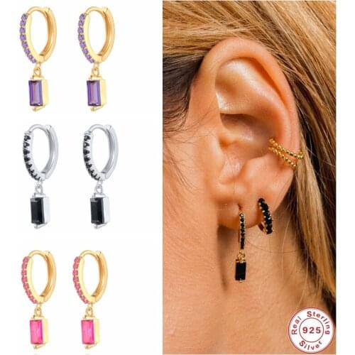 GS 925 Sterling Silver Black Purple Green Square Zircon Charm Hoop Earrings For Women Luxury Crystal Pave Circle Jewelry Gift