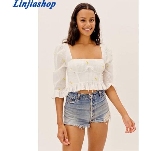 Spring and summer blouses women new retro daisy embroidery ruffled short sleeve corset shirt top pullover blouse