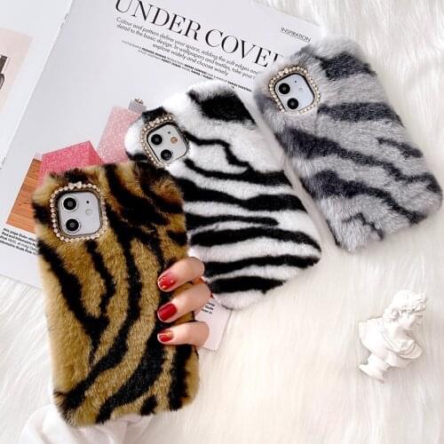 Zebra Print Rabbit Hair Case For iPhone 11 Pro Max SE 2020 10 X 6s 7 8 Plus XR XS Max 5 5s 4 4s Warm Fluff Furry Phone Case