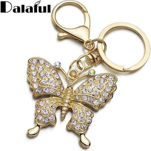 Dalaful Rhinestone Butterfly Key Chains Rings Holder Crystal For Women Jewelry Bag Pendant For Car Keyrings KeyChains K292