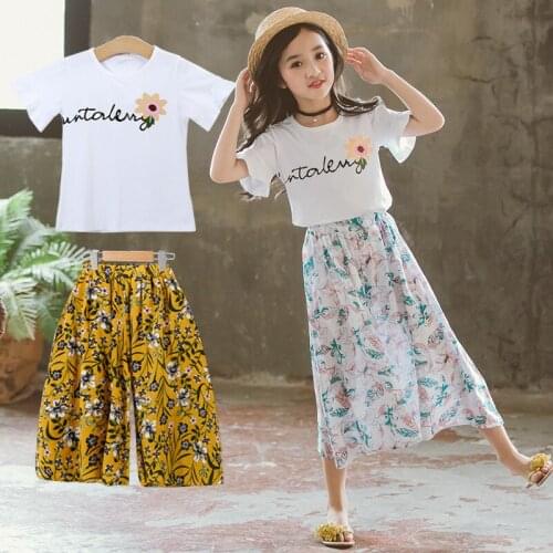 Girls Summer Outfits Suit Fashion Childrens Flower Short Sleeve T Shirts + Wide Leg Pants Clothes Set for Girls 3 7 10 12 Years