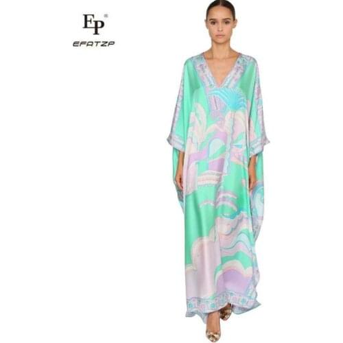 EFATZP New womens V-neck printing fashion elastic knitting loose casual silk jersey long dress