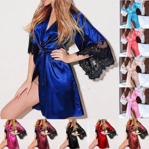 12 Colors Night Robe Women Silk Kimono Dressing Gown Black Blue Lace Lingerie Bathrobe Nightwear With Belt White Wine Robe