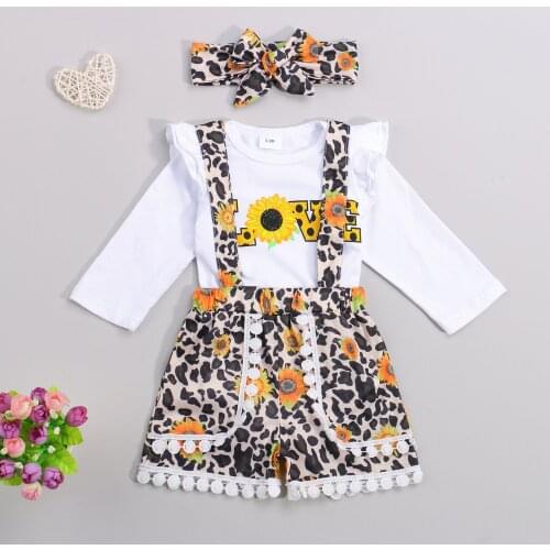 Baby Girl Clothes Set Infant Toddler Girl Letter Romper+Leopard Floral Suspender Shorts+Headdress 3PCS Spring Autumn sets Outfit