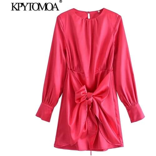 KPYTOMOA Women 2021 Fashion With Knot Soft Touch Mini Dress Vintage O Neck Long Sleeve Female Dresses Vestidos Mujer