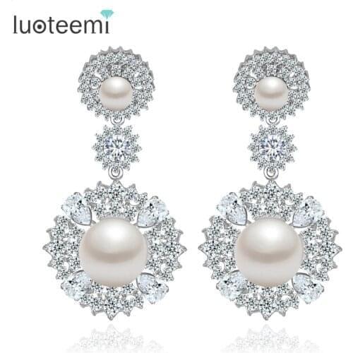 LUOTEEMI Wholesale Fashion Elegant Clear Cubic Zirconia with Created Pearl Wedding Earrings for Women Luxury Accessories
