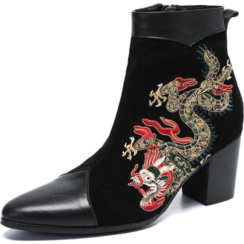 New Mens Chelsea Ankle Boots High Heels Fashion Embroidered Men Wedding Shoes Height Increase Trend Party Shoes Plus Size 38-46