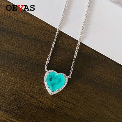 OEVAS 100% 925 Sterling Silver 10*10mm Heart Synthetic Paraiba Tourmaline Pendant Necklace For Women Party Fine Jewelry Gifts