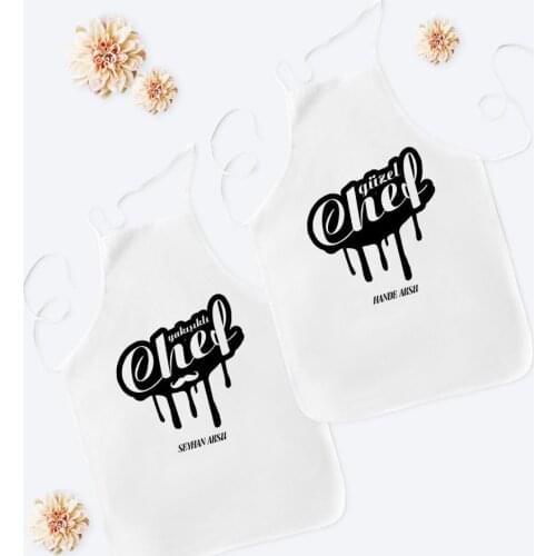 Personalized Dual Handsome and Beautiful Chef White Kitchen Apron Seti-5 Custom Design Souvenir Beautiful Memories Friends Co Dear