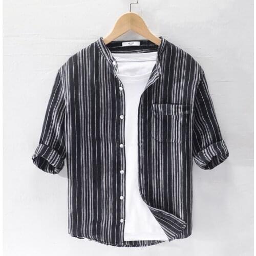 Striped stand collar three-quarter sleeve pure linen shirts men brand Italy stripe shirt for men comfortable casual shirt mens