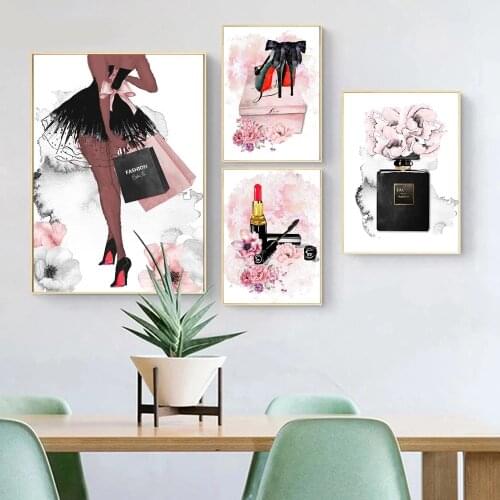 Perfume Poster Painting High Heels Makeup Canvas Print Fashion Woman Wall Art Print Pink Flower Wall Pictures Bedroom Decoration