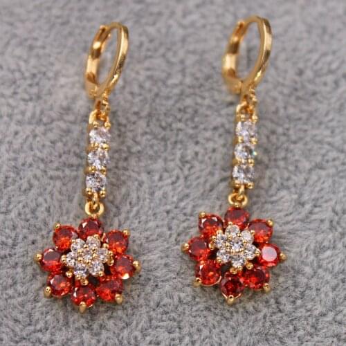 Gold Plated dangle drop earring Earrings for Womens earrings zircon Red stone flower Earring Jewelry for Party Wedding Gift