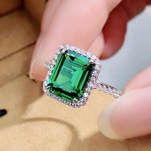 Real 925 Sterling Silver 8*10mm Emerald Wedding Rings For Women Sparkling Created Moissanite Diamond Party Fine Jewelry