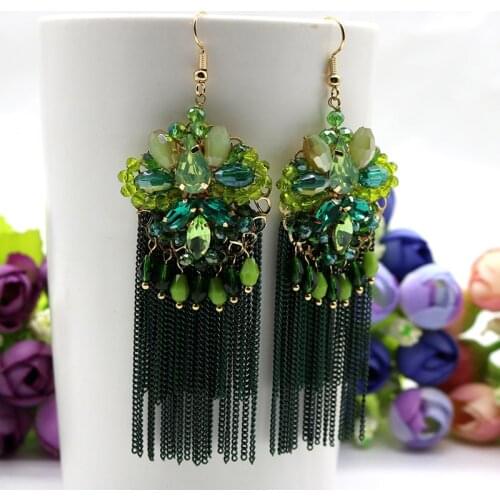 Luxury boho Crystal Beaded chain long Tassel Earrings Green purple Handmade bohemian Statement earrings jewelry Accesorios