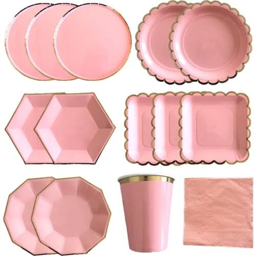 Pink Disposable Tableware Gold Pink Party Paper Plates Napkins Cup Straws Kids Birthday Baby Shower Wedding Decor Party Supplies