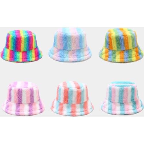 Rainbow Colors Fluffy Hat Faux Fur Warm Bucket Hats for Women Girl Print Plush Velvet Winter Hat Fisherman Hats Bob Panama Gift