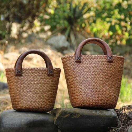 26x18CM Straw Bag Retro Womens Style Thailand Handbag Bucket Bag Shopping Casual Travel Beach Bag Rattan Bag a6102