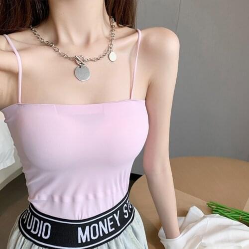 White Ice Silk Tank Top Wireless Paded Lingerie Push Up Seamless Padded Vest Crop Tops Tee Camisole Comfortable Sleep