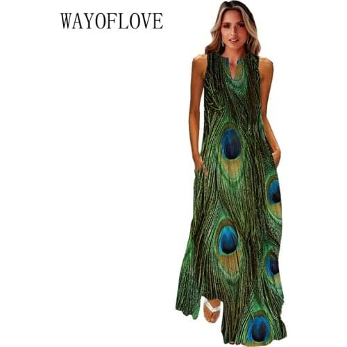 WAYOFLOVE Breathable Peacock Feather Green Dress 2021 Vintage Casual Long Dresses Summer Woman Sleeveless Beach Maxi Dress Women