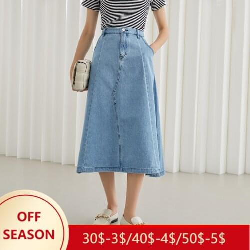 FANSILANEN Office Lady Blue Denim Skirt A-line High Waist Skirt Women Summer 2021 New Blue A-line Long Skirt Women Clothes