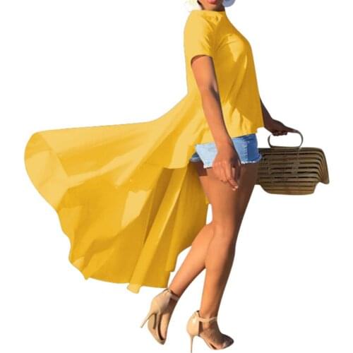 2019 Women New Fashion Summer O-Neck Short Sleeve Pleats Asymmetric Hem Slim Tops Blouse