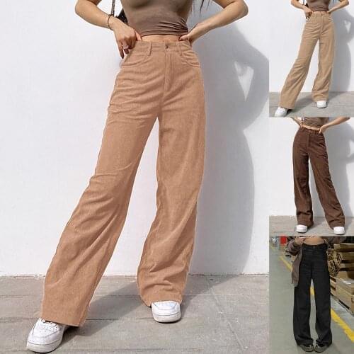 Women High Waist Pockets Fashion Solid Color Corduroy Straight Pants Women Streetwear Loose Harajuku Trousers Wide Leg Trousers