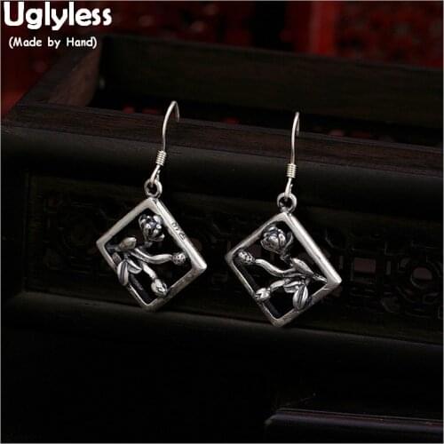 Uglyless Real Thai Silver Vintage Square Earrings for Women 100% Solid 925 Silver Fine Jewelry Ethnic Handmade Flower Earrings