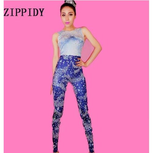 Blue Stars Costume Women Singer Stage Wear Sparkly Colorful Stones Jumpsuit Sexy Bodysuit Dance One-Piece Rompers