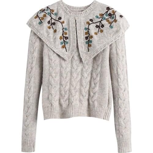 Women 2020 Fashion Embroidered Cropped Knitted Sweater Vintage Peter Pan Collar Long Sleeve Female Pullovers Chic Tops