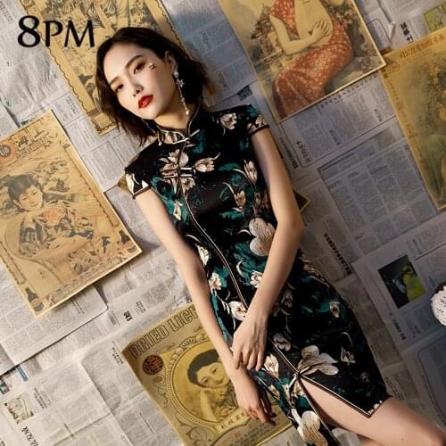 Mock-Neck Form Fitted Floral Print Dress Women Cheongsam Floral Qipao Dress Long Banquet Dinner Party Robe Vintage Dress ouc316