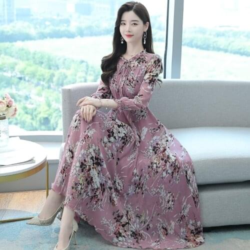 2021 Autumn Winter New Arrival Dress For Women Tie Flower Print Long Sleeve Lady Chiffon Long Dress High Quality